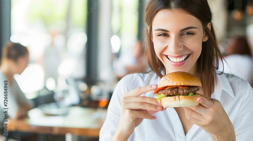Joyful woman relishing burger at restaurant with blurred background and space for text Joyful woman relishing burger at restaurant with blurred background and space for text