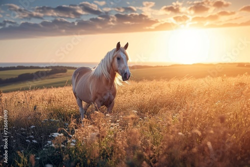 A majestic mustang mare stands tall amidst the golden grass of a peaceful field  bathed in the warm glow of a stunning sunset