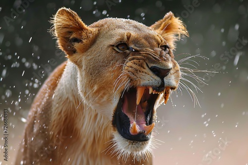Roaring with fierce intensity, a majestic lion stands tall with its mouth open, displaying its sharp fangs against the tranquil backdrop of the outdoors