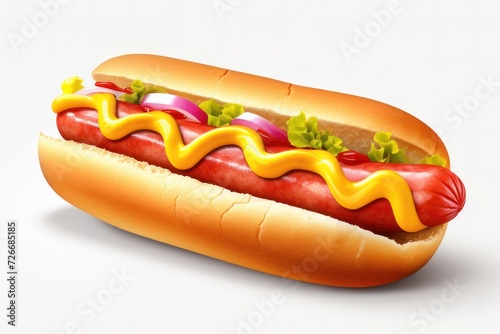 Barbecue Grilled Hot Dog with Mustard isolated on white background. Realistic 3d illustration hot dog, icon, detailed.