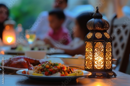 Ramadan Kareem, lantern, family, food