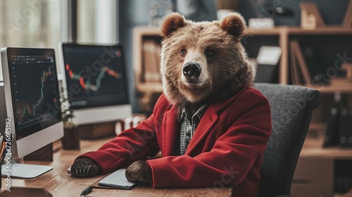 Bear in red suit with downtrend charts, bear market, trading volatility, and recession concept