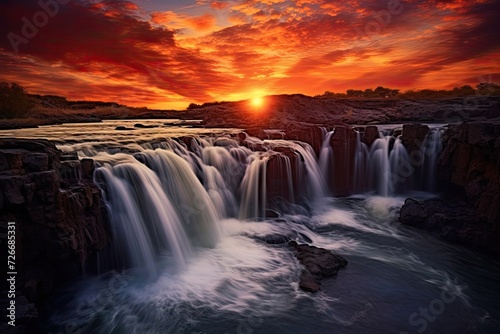 Glorious Waterfall View against the Background of a Beautiful Sunset