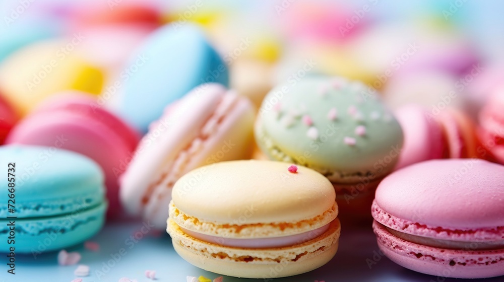 Macarons Sweet French Homemade Dessert, background, close up. Delicious 3D ultra realistic macarons, detailed. Grocery product advertising. Macarons Sweet French Homemade Dessert, background, close up. Delicious 3D ultra realistic macarons, detailed. Grocery product advertising.