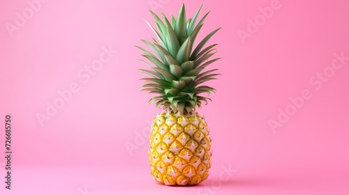 Pineapple on pink background, minimal. Summertime fashionable concept.Fresh pineapple for package, grocery product advert. Realistic, detailed.