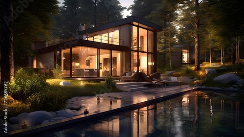 Modern house with pool and garden at night. Luxury house with pool and garden. © I