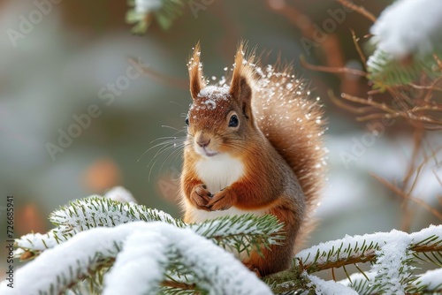 A lively douglas squirrel braves the cold, perched on a snowy branch amidst the winter wonderland of his outdoor home photo
