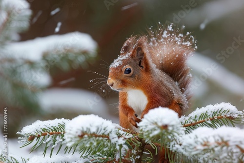 A lively douglas squirrel braves the frigid winter weather, perched on a snow-covered tree branch with determination and resilience photo