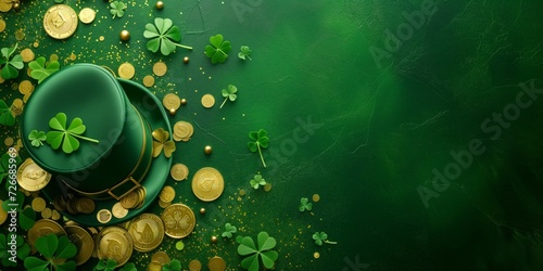 Saint Patricks day hat, golden coins and shamrocks on green background, copyspace