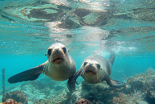 Graceful marine mammals, a sea lion and sea turtle, swim alongside each other in the crystal clear aqua waters, surrounded by vibrant reef life, creating a peaceful and mesmerizing scene