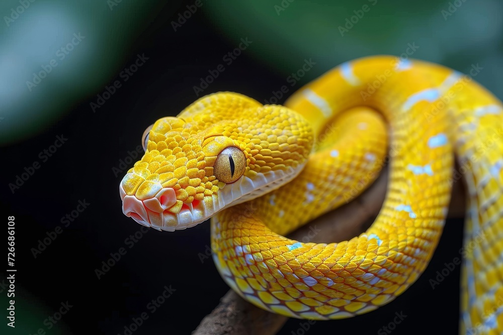 Obraz premium A striking yellow serpent rests upon a branch, its scaled body coiled in peaceful slumber amidst the wild grasses of its outdoor domain