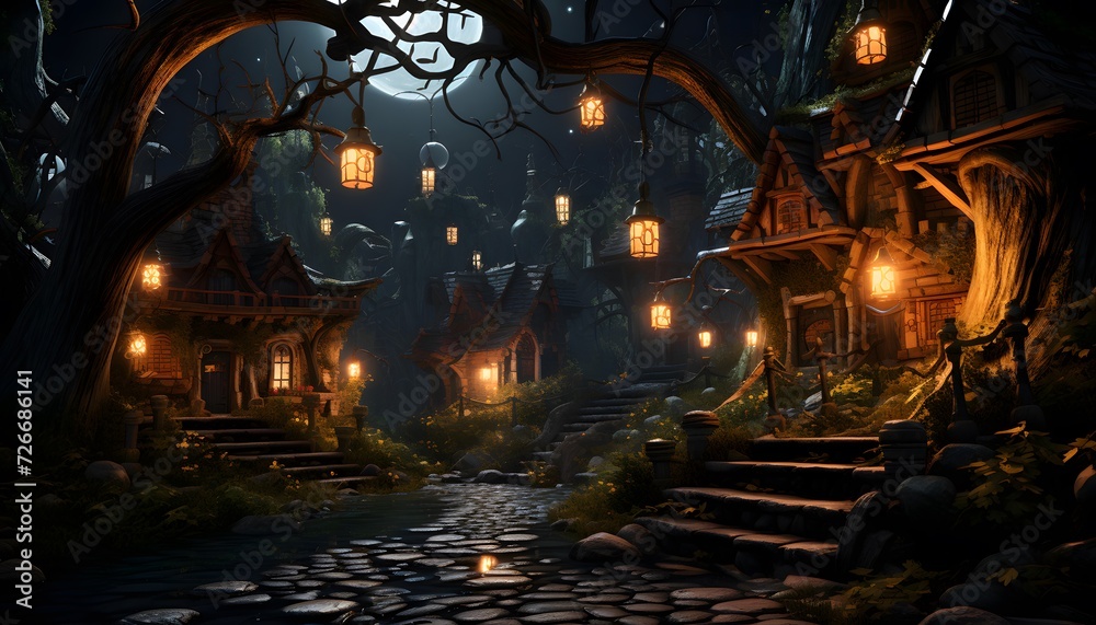 Halloween night scene with tree and lanterns, 3d render