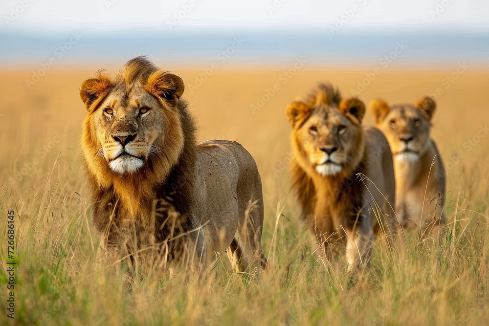 A majestic group of masai lions stands tall in the golden grass of the savannah, exuding power and grace as they survey their kingdom on a sunny day A majestic group of masai lions stands tall in the golden grass of the savannah, exuding power and grace as they survey their kingdom on a sunny day