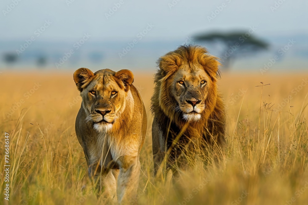 Two majestic lions traverse through the lush grass of the savannah, their powerful presence and wild spirit captured against the vast blue sky - obrazy, fototapety, plakaty 