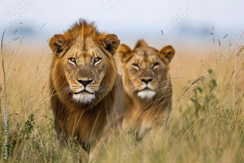 Two majestic big cats roam the tall grass of the savannah, their powerful snouts scenting the air as they stand in their natural habitat, embodying the untamed beauty of the wild