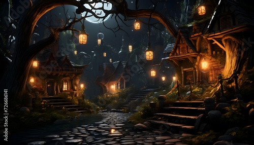 Halloween night scene with tree and lanterns, 3d render