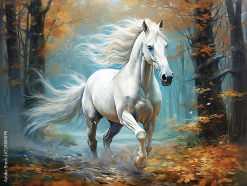 White horse with its long white hair running in a forest