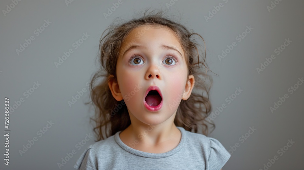 Shocked or surprised brown hair Four year old little girl with two in awe left speechless with his eyes and mouth wide open on neutral gray background Shocked or surprised brown hair Four year old little girl with two in awe left speechless with his eyes and mouth wide open on neutral gray background