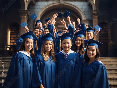 International graduates from celebrating diplomas in graduation robes Generative Ai