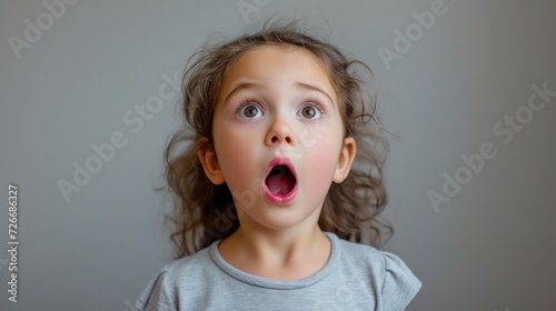 Shocked or surprised brown hair Four year old little girl with two in awe left speechless with his eyes and mouth wide open on neutral gray background photo
