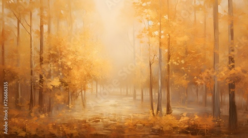 Autumn forest in fog. Abstract nature background. Panoramic image.