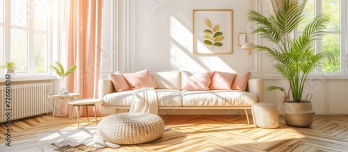 Photo of a bright living room with a plant, herringbone parquet, and a couch with pink accents. photo