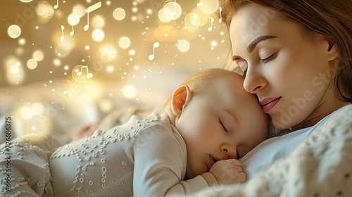 a mother and her baby peacefully sleeping at home, with soft lullaby music notes drifting around them, creating a serene and comforting atmosphere.