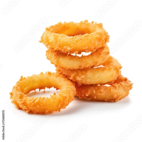 Onion Rings fresh Fried Crunchy isolated on white background. Homemade onion rings, snack for menu, advert or package, close up. Realistic, icon, detailed.