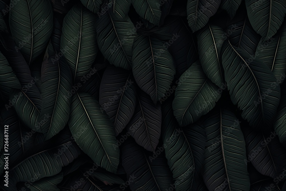 Abstract black tropical leaf textures, dark nature concept, flat lay with digital ai - obrazy, fototapety, plakaty 
