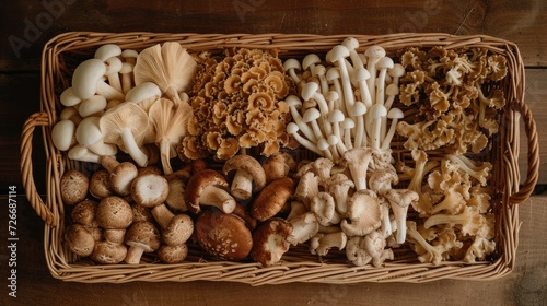 a wicker tray brimming with an assortment of raw mushrooms displayed on a weathered wooden table, highlighting the earthy textures and natural beauty of the harvest.