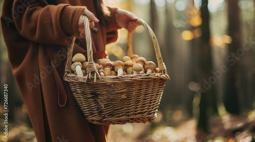 a woman carrying a wicker basket filled with freshly foraged mushrooms in the autumn forest, the rustic basket and the bounty of edible treasures within photo