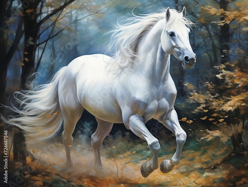 White horse with its long white hair running in a forest