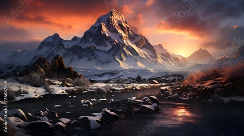 Beautiful panorama of the snowy mountains and the river at sunset