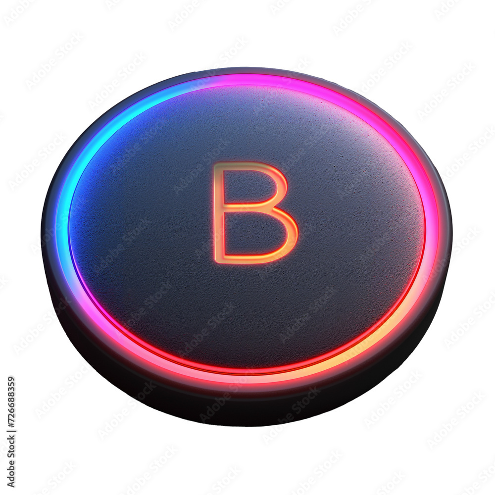 Black button with letter B. Neon colors. Isolated on white or transparent background. Black button with letter B. Neon colors. Isolated on white or transparent background.