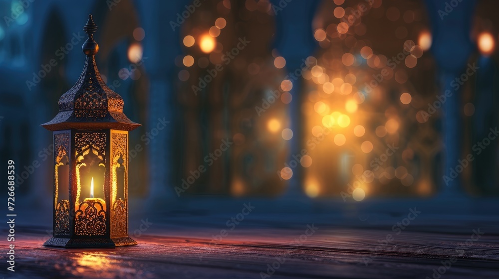 an ornamental Arabic lantern with a burning candle glowing against the backdrop of a night mosque, perfect for festive greeting cards or invitations for the Muslim holy month of Ramadan Kareem. an ornamental Arabic lantern with a burning candle glowing against the backdrop of a night mosque, perfect for festive greeting cards or invitations for the Muslim holy month of Ramadan Kareem.