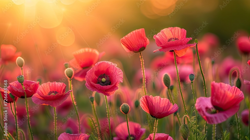 Fototapeta premium a solitary opium poppy flower standing tall amidst a cultivated field, its vibrant petals contrasting against the lush greenery, evoking a sense of tranquility and natural splendor.