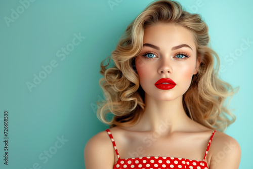 Blonde sexy girl in a red polka dot dress with beautiful hair close-up portrait in pin-up style.