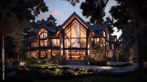 3d rendering of modern cozy chalet with pool and parking for sale or rent. Beautiful forest on background. Clear summer night with many stars on the sky.