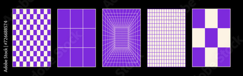 Set collection. Distorted vertical grid set. Vector illustration. Isolated dark background.