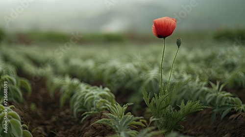 a solitary opium poppy flower standing tall amidst a cultivated field, its vibrant petals contrasting against the lush greenery, evoking a sense of tranquility and natural splendor. photo