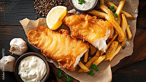 two pieces of battered fish served alongside golden chips on a rustic wooden table, creating an inviting atmosphere reminiscent of traditional fish and chips eateries.