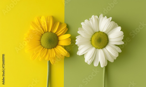 single yellow and white daisies against contrasting yellow and green backgrounds in a creative flat lay composition