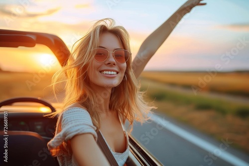 A carefree woman with a dazzling smile and stylish sunglasses waves goodbye as she drives off into the sunset in her convertible, surrounded by a beautiful sky and lush green grass photo