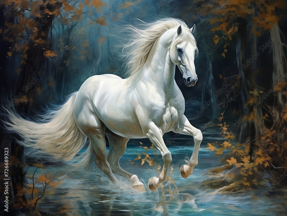 White horse with its long white hair running in a forest