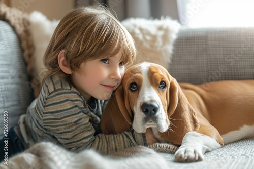 A young child dressed in brown clothing, comfortably lying on a couch with their loyal beagle hound snuggled up next to them, creating a heartwarming indoor scene
