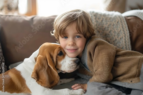 A toddler snuggles close to their loyal beagle companion on a cozy sofa, radiating pure love and joy in their matching brown outfits