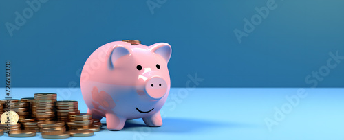 A smiling pink piggy bank with a stack of gold coins, blue background , savings concept , investment , success ,growth ,make money,pink pig piggy,isolated