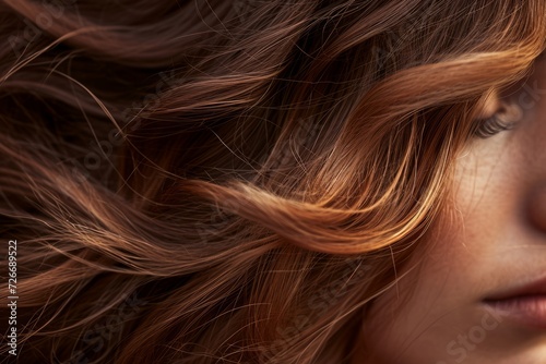 Close-up of a beautiful woman with luxurious, flowing brown hair, highlighting texture and shine, beauty and hair care concept.