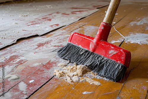 The broom diligently clears away debris from the ground, its trusty bristles a reliable tool for tidying up photo