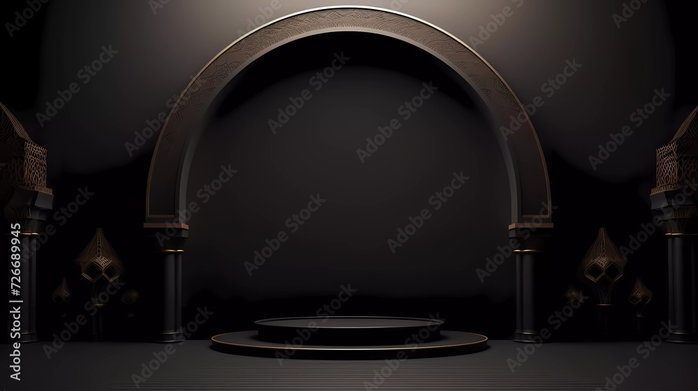 3d illustration Islamic theme product display background in minimal black design. Mosque portal frame with podium and empty space. generative ai 3d illustration Islamic theme product display background in minimal black design. Mosque portal frame with podium and empty space. generative ai